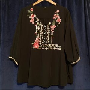 Black Embroidered Cotton Bohemian Long Sleeve Blouse